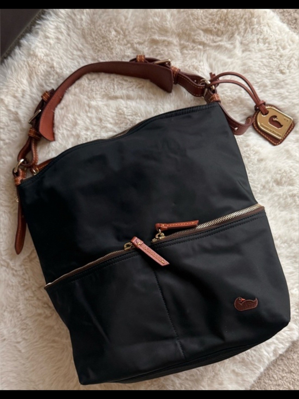 Dooney & Bourke Black Nylon Shoulder Bag with Brown Leather Trim